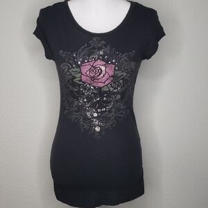 Vintage FANG Graphic Rose Filigree Chain Black Fitted Tee Size M Y2K Grunge